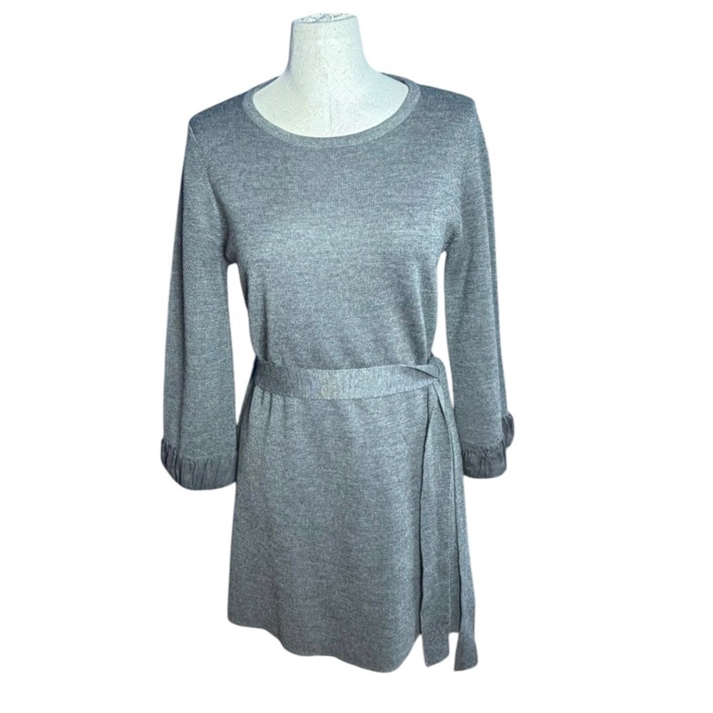 Alice + Olivia Gray Wool Blend Ruffle Cuff Belted Sweater Dress C908994263